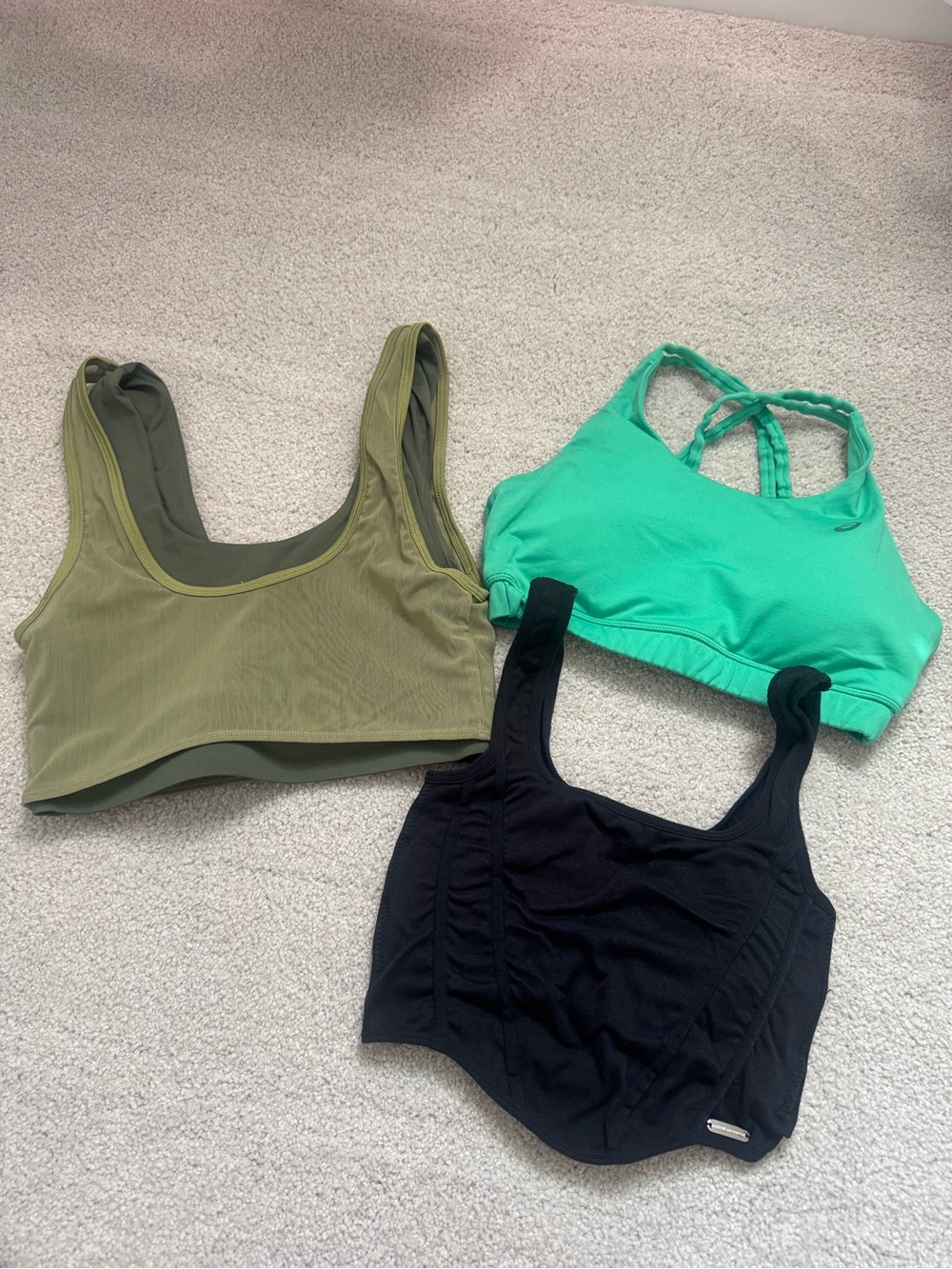 Steve Madden Black, Olive Fabletics and, Mint ASICS Sports Bra Trio